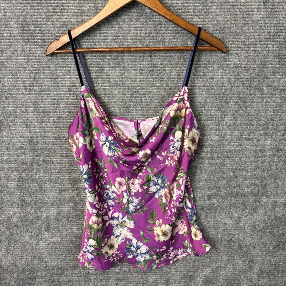 Zara Floral Satin Cowl Neck Cami Top Womens Large Purple Sleeveless Made Spain
